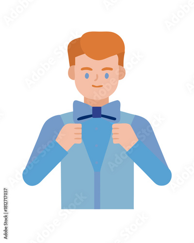 Cartoon man adjusting bow tie in blue shirt