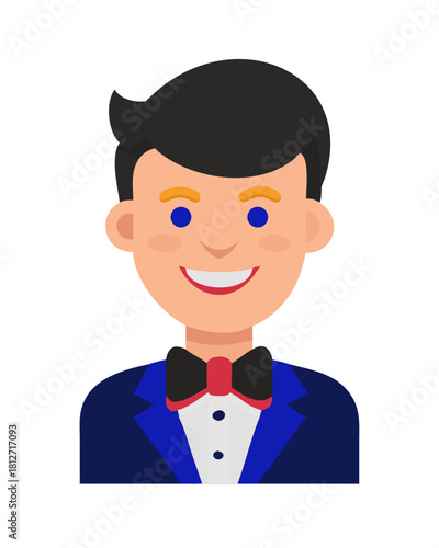 Smiling young man in tuxedo with red bow tie