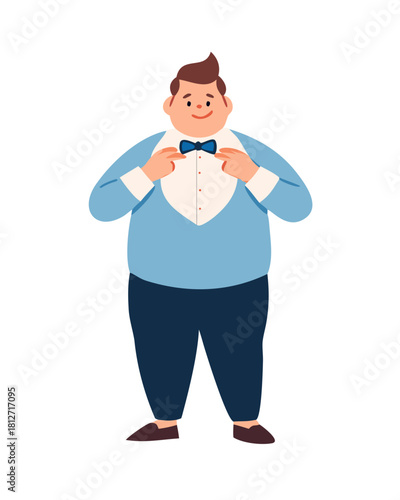 Cartoon man adjusting bow tie with cheerful smile