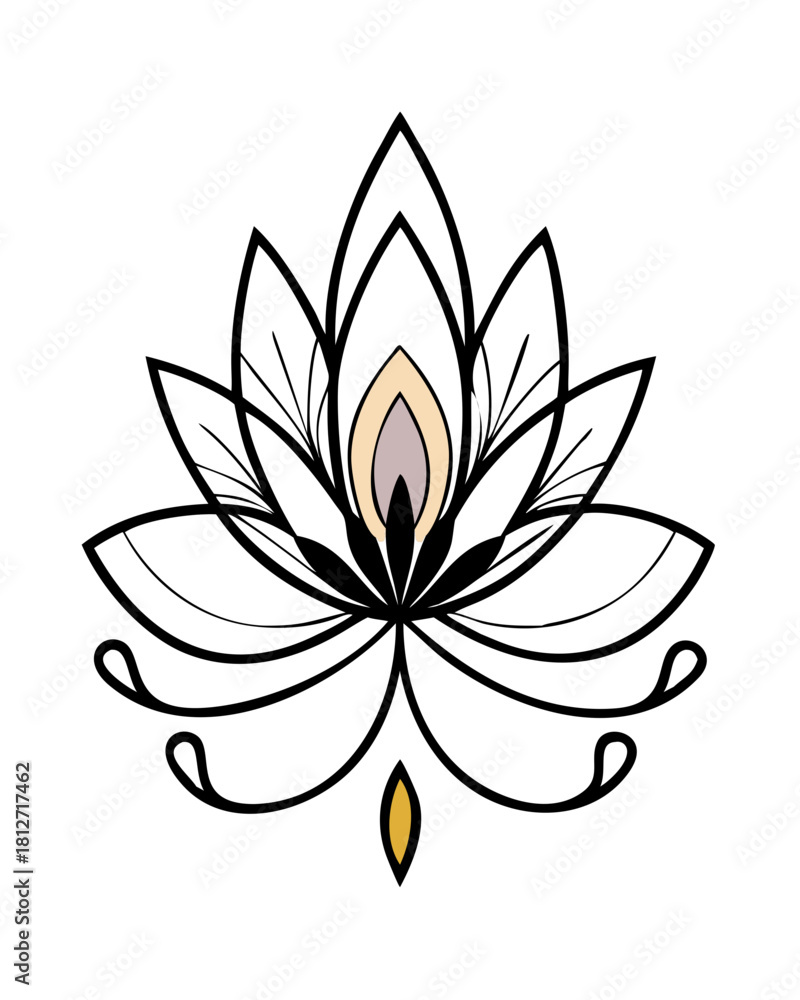 Fototapeta premium Black and beige lotus flower with curled lines and petals