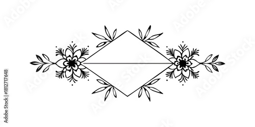 Ornamental floral frame with corner flowers in black outline