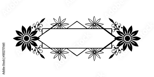 Floral geometric frame with spiky flowers in black outline