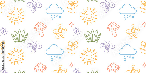White background with a pattern of colorful outlines of suns clouds flowers mushrooms and butterflies