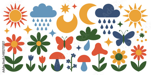 A whimsical illustration featuring suns moons clouds flowers butterflies and mushrooms on a white background
