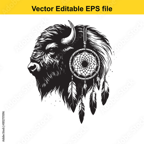 Bison head with dreamcatcher illustration vector