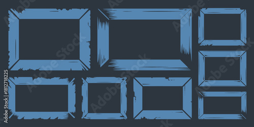 Illustration of seven blue rectangular frames with distressed edges on a dark gray background