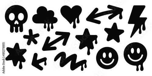 A collection of black dripping icons including skull cloud heart arrows stars lightning and smileys on white