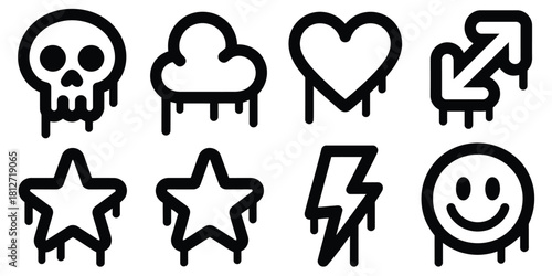 A collection of eight black and white dripping icons featuring a skull, cloud, heart, and more glyphs