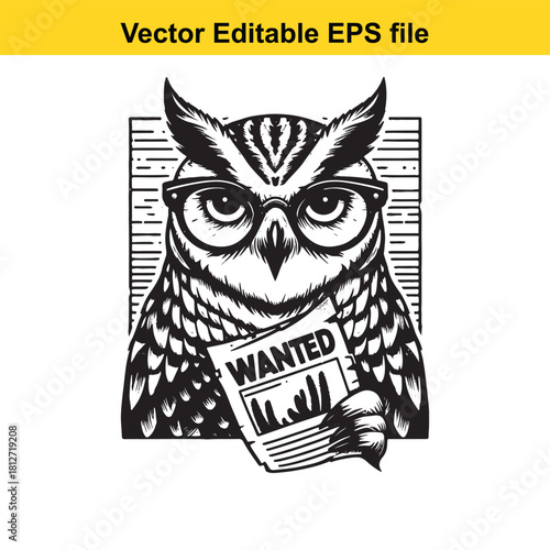 Black and white owl wearing glasses holding wanted poster