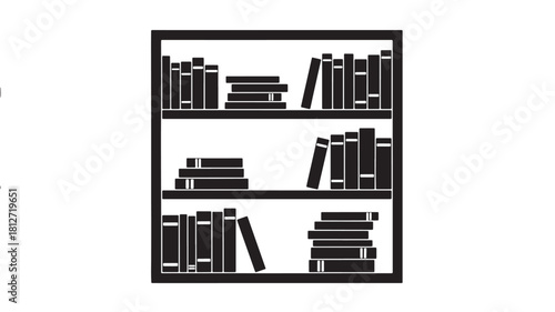 Black and white bookshelf illustration filled with books vector graphic for library or study design