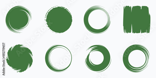 A collection of eight green brush stroke shapes including circles and a square on a white background