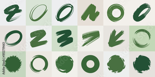 A collection of twenty green brush stroke shapes arranged in a rectangular grid on a light background