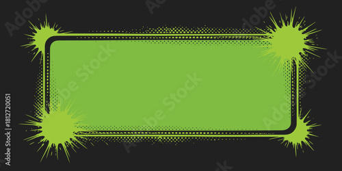 A green rectangle with rounded corners and splatter effects on a dark gray background design element