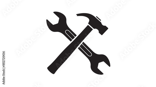 Crossed wrench and hammer icon simple flat vector illustration for construction repair or maintenance services isolated on white background