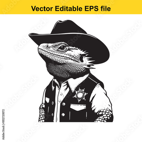 Bearded dragon wearing cowboy hat and sheriff vest