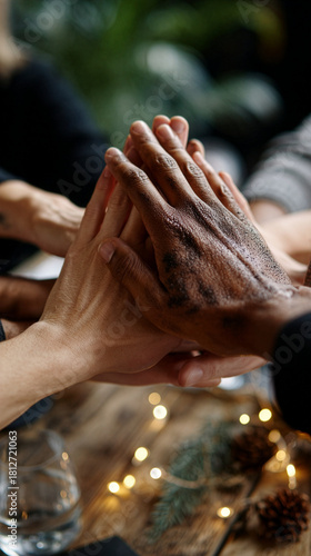 Diverse Hands Unite at Holiday Table - Executive Teamwork, Inclusion & Festive Spirit