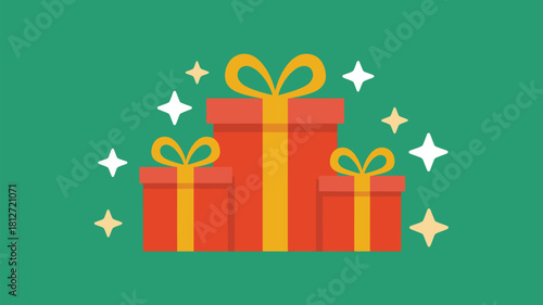 Illustration of three red gift boxes with yellow ribbons and white stars on a green background