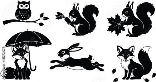 Forest animals fox squirrel owl rabbit black silhouette vector illustration