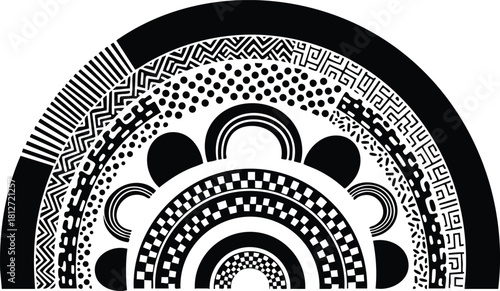 Black and white tribal semicircle pattern vector illustration with geometric shapes and dots design