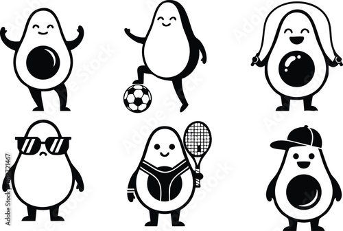 Cute avocado characters playing soccer tennis and wearing sunglasses vector illustration