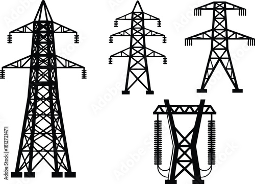 Electric power pylons high voltage transmission towers vector illustration black silhouette