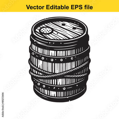 Black and white vector illustration of a wooden barrel