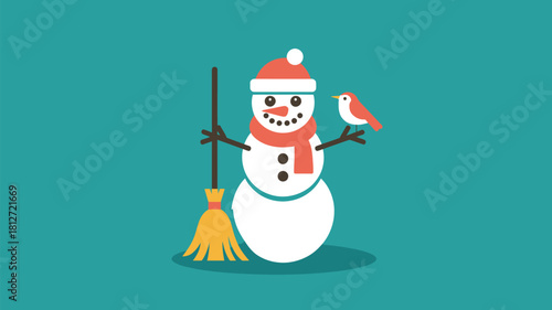 A cartoon snowman with a red hat and scarf holding a broom with a bird perched on its arm