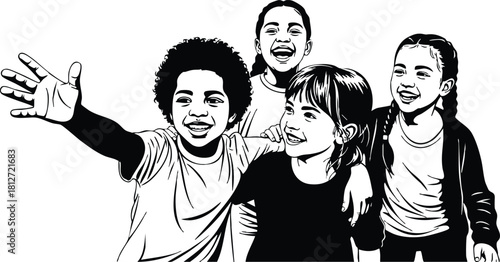 Group of happy diverse children smiling and posing together cheerful kids vector illustration