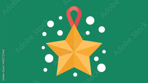 A christmas star ornament with a red ribbon on a green background with white circles around it
