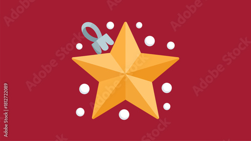 A golden star christmas ornament with a light blue hanger on a dark red background with white dots