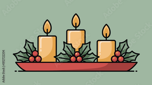 A festive illustration of three candles with holly berries on a red plate on a green background