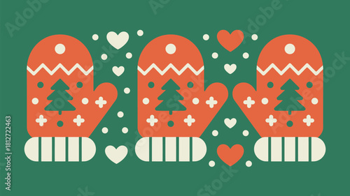 Three mittens with christmas trees and hearts on a green background winter holiday illustration