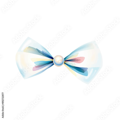 Watercolor bow created in soft coquette aesthetics. Charming pearl ribbon in retro style, cute decorative element for patterns, stickers and feminine designs, isolated, vector.