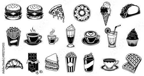 Delicious fast food and refreshing drinks collection perfect for menu designs and food blogs