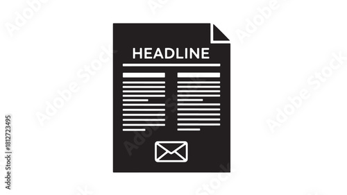 Black and white newsletter icon vector illustration of a document with headline and email symbol isolated on white background