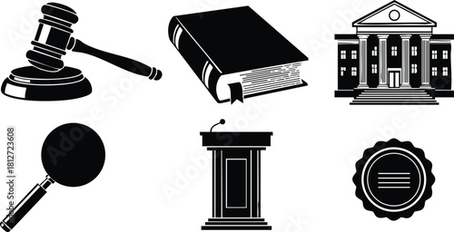 Legal justice law icons set gavel book courthouse magnifier podium and badge vector illustration