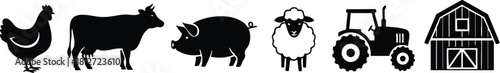 Farm animals and tractor with barn vector icons set for agriculture and rural life illustration