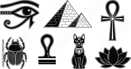 Ancient Egyptian symbols including eye pyramid ankh scarab cat and lotus vector illustration set
