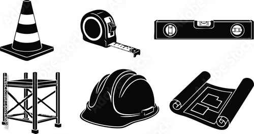Construction tools and equipment collection with helmet blueprint cone scaffolding tape measure level vector illustration
