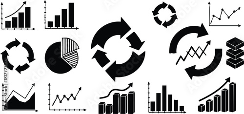 Collection of black analytics charts icons with arrows and pie graphs vector illustration