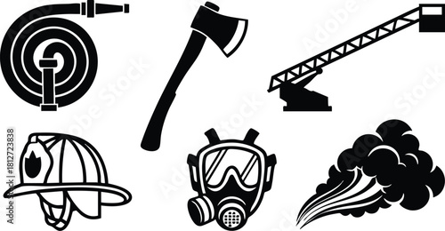Firefighter equipment set hose axe helmet mask smoke ladder vector illustration