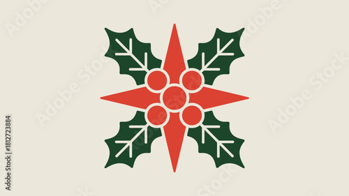 A christmas design featuring holly leaves and red berries arranged in a symmetrical pattern on beige