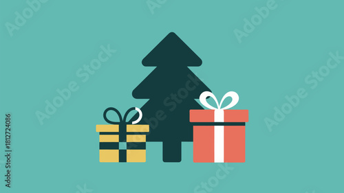 A christmas tree with two presents in front of it on a light blue background vector illustration