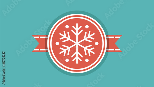 A red and white snowflake design inside a circle with a ribbon on a teal colored background