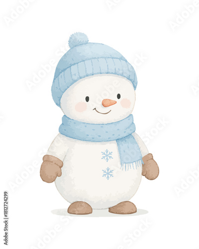 Cute vector illustration of a winter snowman in pastel colors. Hand-drawn cartoon snowman for Christmas designs, children's prints, greeting cards, stickers. Isolated on a white background.