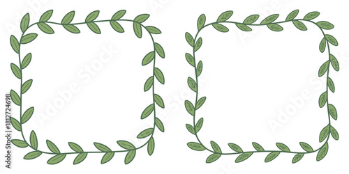 Two square frames decorated with green leaves on a white background in a simple cartoon style