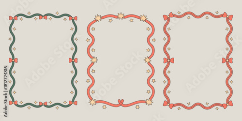 Three decorative frames with wavy borders adorned with bows and stars on a light background
