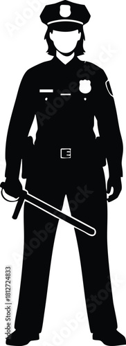 Police officer silhouette standing holding baton security uniform vector illustration