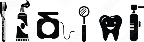 Dental care icons toothbrush toothpaste floss dental mirror tooth water flosser vector illustration