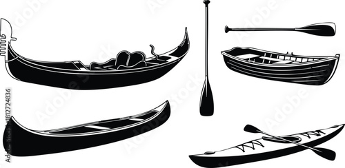 Black silhouette vector illustration of traditional rowing boats and paddles with detailed shapes and curves for water travel and sports